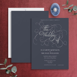 Elegant Navy Blue & Silver Script Wedding Invitation