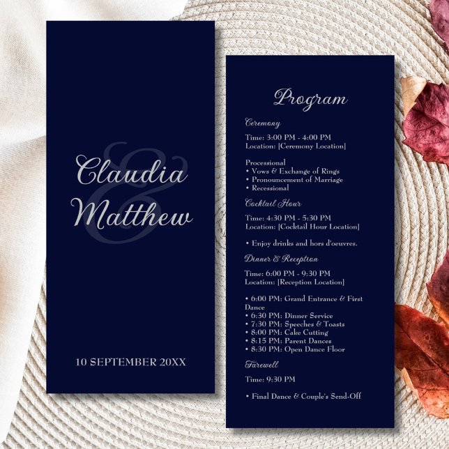 Elegant Navy Blue & Silver Script Wedding Program Programme (Elegant Navy Blue and Silver Script Wedding Program)