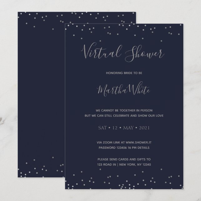 Elegant Navy Blue Silver Virtual Bridal Shower Invitation (Front/Back)