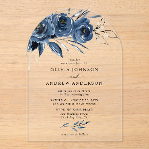 Elegant Navy Blue Silver Watercolor Floral Wedding Acrylic Invitations