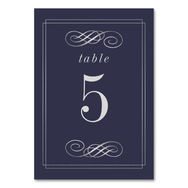 Elegant Navy Blue Silver Wedding Table Numbers (Front)