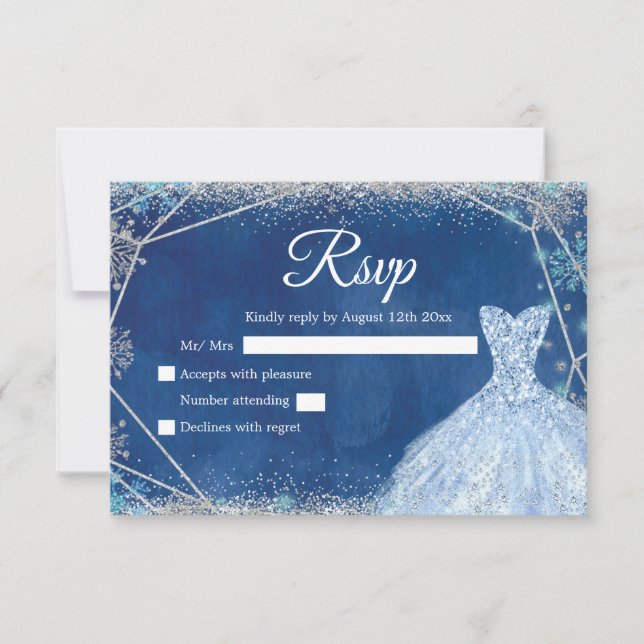Elegant Navy Blue Silver Winter Quinceañera RSVP Card (Front)