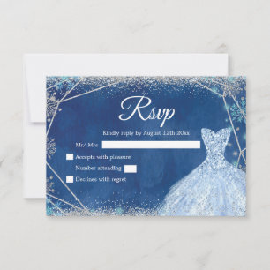 Elegant Navy Blue Silver Winter Quinceañera RSVP Card