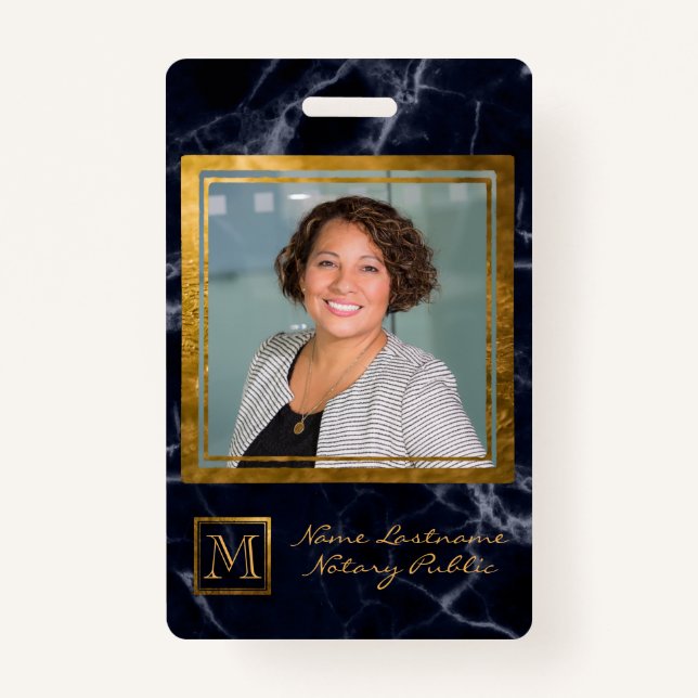 Elegant Navy Blue Square Gold Monogram Notary ID Badge (Front)