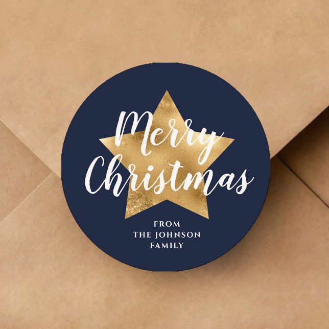 Elegant Navy Blue Star Merry Christmas  Classic Round Sticker (Elegant Navy Blue Star Merry Christmas Classic Round Sticker)