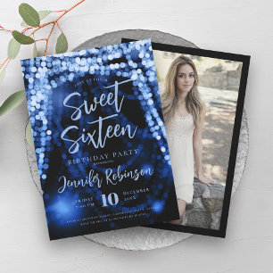 Elegant Navy Blue String Lights Photo Sweet 16 Invitation