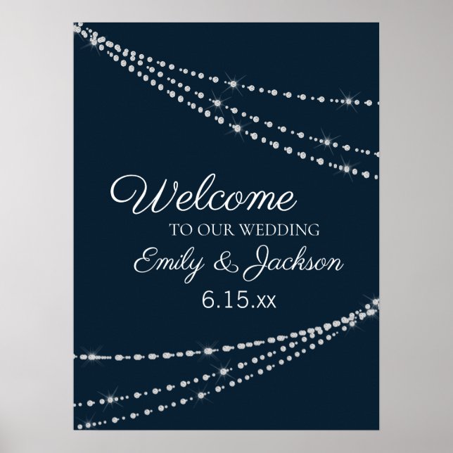 Elegant Navy Blue String Lights Wedding Poster (Front)