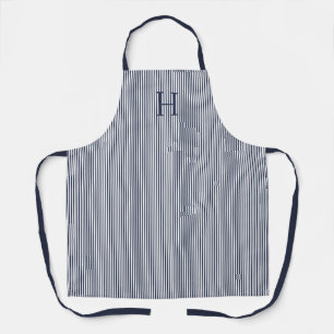 Elegant Navy Blue Stripe Classic Monogram Apron