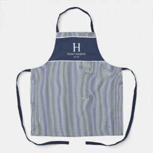 Elegant Navy Blue Stripe Monogram Name Apron