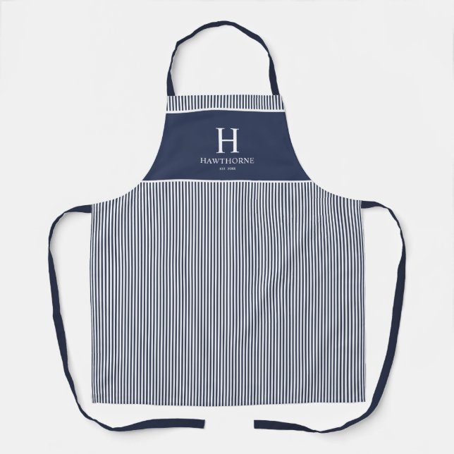 Elegant Navy Blue Stripe Monogram Name Apron (Front)