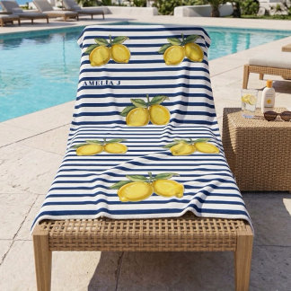 Elegant Navy Blue Stripes and Hand Painted Lemons Beach Towel