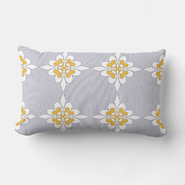 Elegant, navy blue, stripes, mustard yellow, white lumbar cushion (Front)