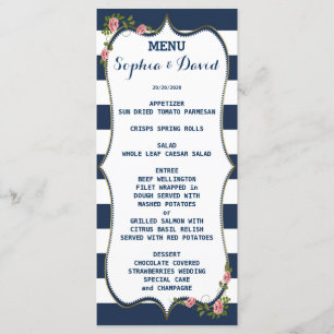 Elegant Navy Blue Stripes Wedding Menu Custom