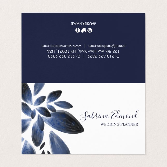 Elegant Navy Blue Succulent Foliage Signature Business Card (Outside Unfolded)