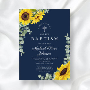 Elegant Navy Blue Sunflower Cross Baptism Invitation