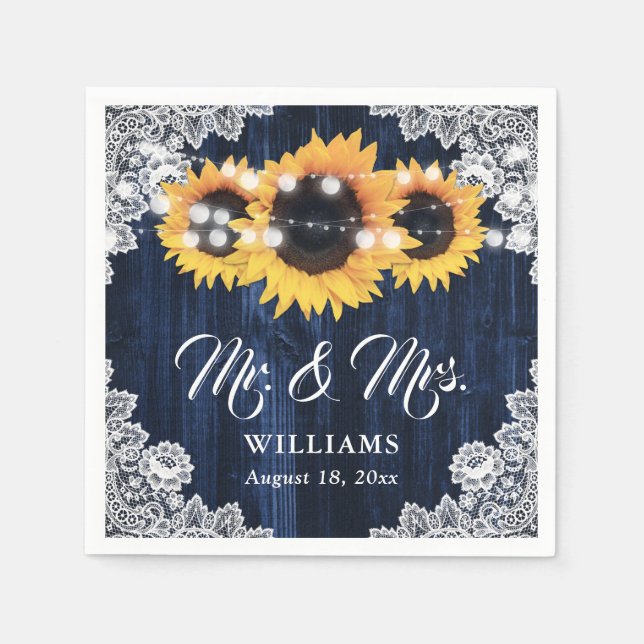 Elegant Navy Blue Sunflower Floral Lace Wedding Napkin (Front)