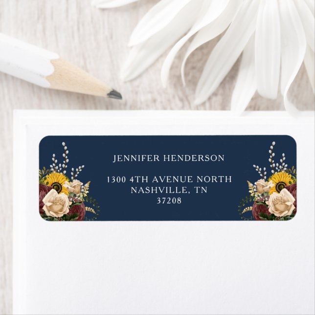 Elegant Navy Blue Sunflower Floral Wedding Addres  (Insitu)