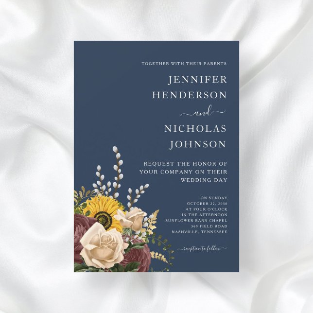 Elegant Navy Blue Sunflower Floral Wedding Invitation (Creator Uploaded)