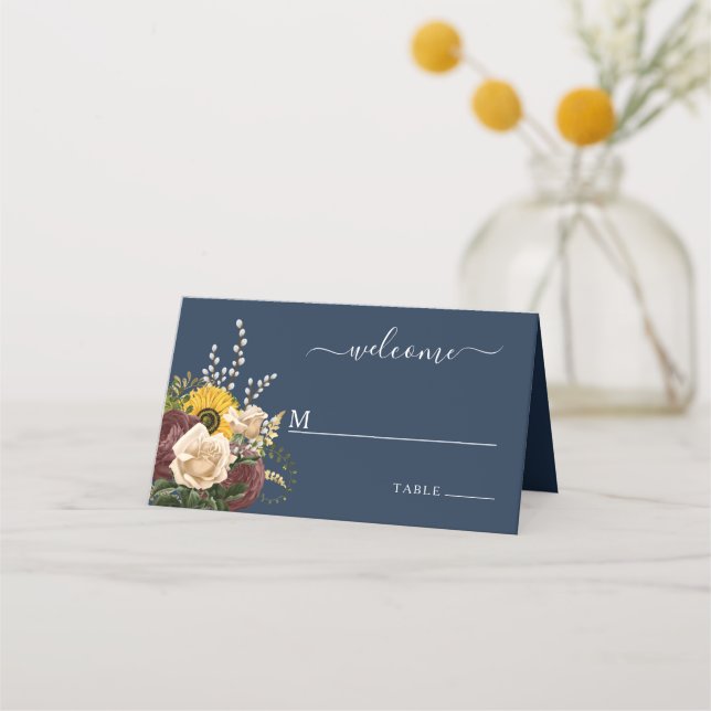 Elegant Navy Blue Sunflower Floral Wedding Place Card (Front)