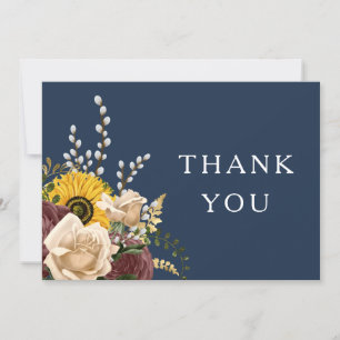 Elegant Navy Blue Sunflower Floral Wedding Thank You Card
