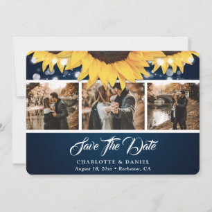 Elegant Navy Blue Sunflower Photo Wedding Save The Date