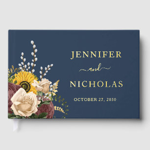 Elegant Navy Blue Sunflower Wedding Gold Guest Book
