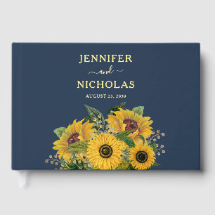 Elegant Navy Blue Sunflower Wedding Gold Guest Book