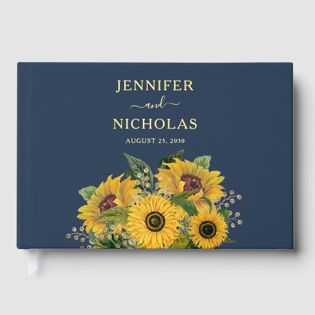 Elegant Navy Blue Sunflower Wedding Gold Guest Book (Front)
