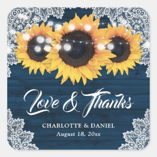 Elegant Navy Blue Sunflower Wedding Thank You Square Sticker