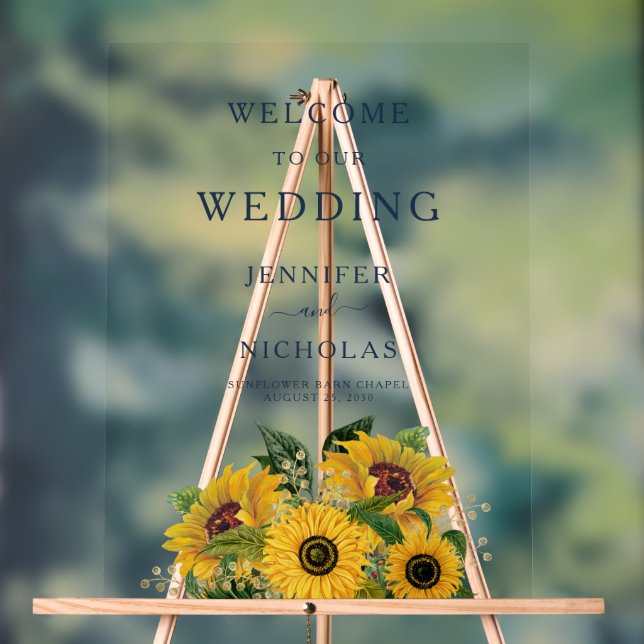 Elegant Navy Blue Sunflower Wedding Welcome Acrylic Sign (Neutral)