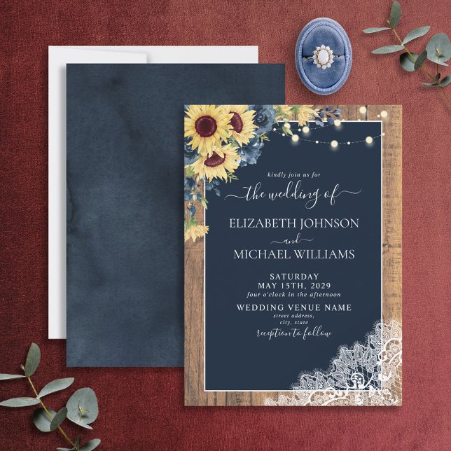 Elegant Navy Blue Sunflower Wood Lace Wedding Invitation (Creator Uploaded)