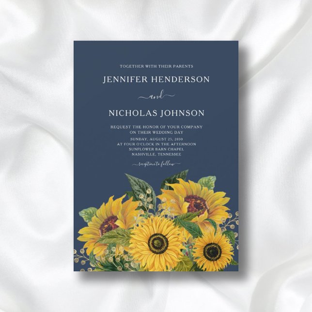Elegant Navy Blue Sunflowers Wedding Invitation (Creator Uploaded)