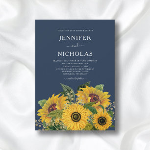 Elegant Navy Blue Sunflowers Wedding Invitation