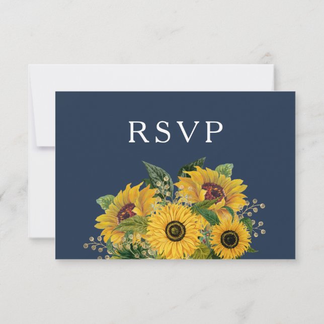 Elegant Navy Blue Sunflowers Wedding  RSVP Card (Back)