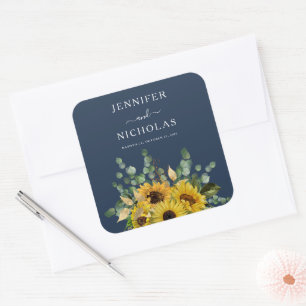 Elegant Navy Blue Sunflowers Wedding Square Sticker
