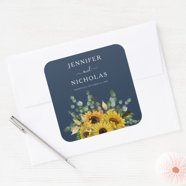 Elegant Navy Blue Sunflowers Wedding Square Sticker (Envelope)