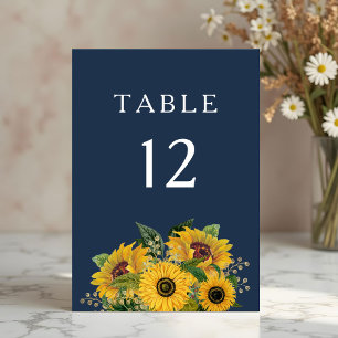 Elegant Navy Blue Sunflowers Wedding Table Number