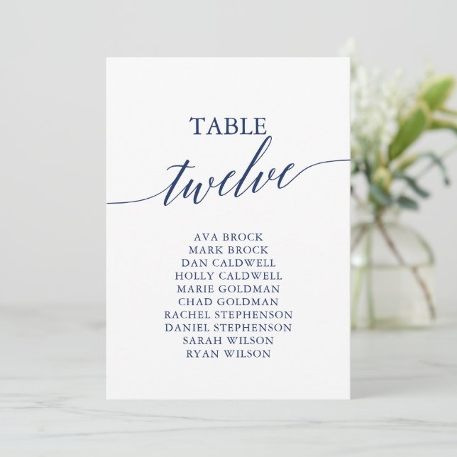 Elegant Navy Blue Table Number 12 Seating Chart (Standing Front)
