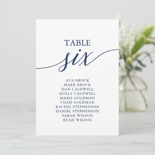 Elegant Navy Blue Table Number 6 Seating Chart (Standing Front)
