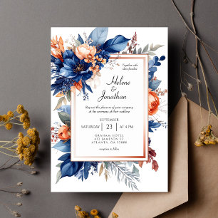 Elegant Navy Blue Terracotta Floral Boho Wedding Invitation