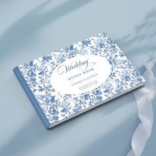 Elegant Navy Blue Toile de Jouy Roses Wedding Guest Book