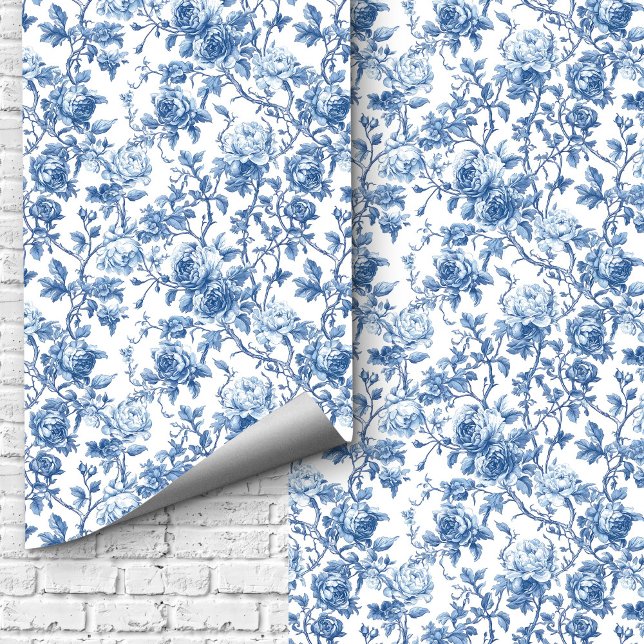 Elegant Navy Blue Toile Roses Floral Pattern Home  Wallpaper (Elevate your home décor with this elegant blue French toile de Jouy rose wallpaper, featuring detail)