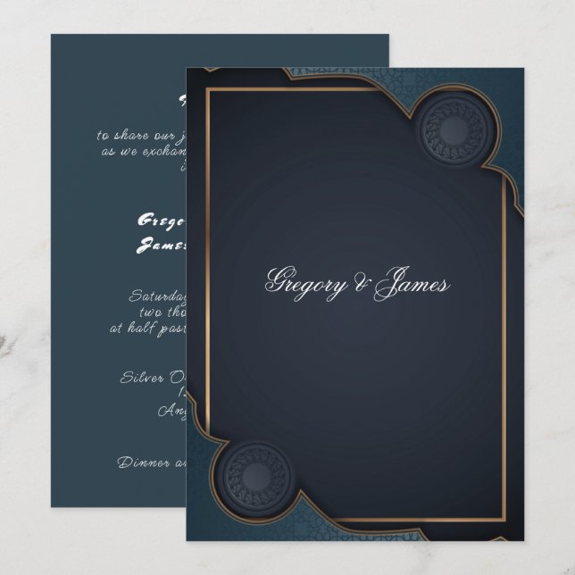 Elegant Navy Blue Turquoise and Gold Modern Invitation (Front/Back)
