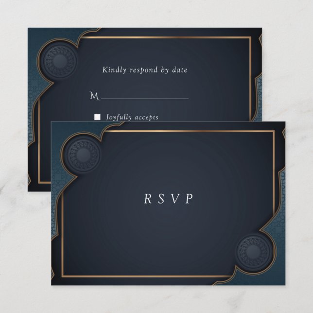 Elegant Navy Blue Turquoise and Gold Modern  RSVP Card (Front/Back)