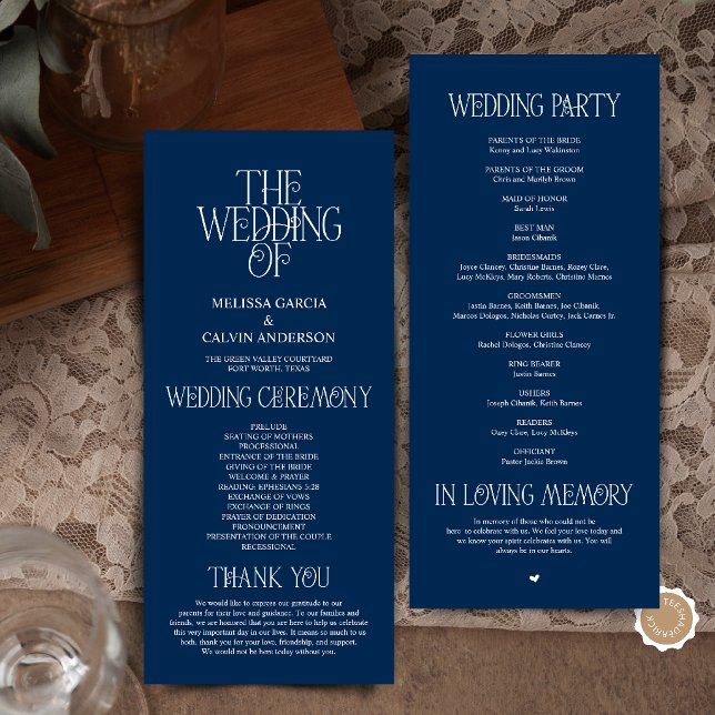 Elegant Navy Blue Typography Wedding Program Programme (Elegant Navy Blue Typography Modern Romantic Wedding Program Card)