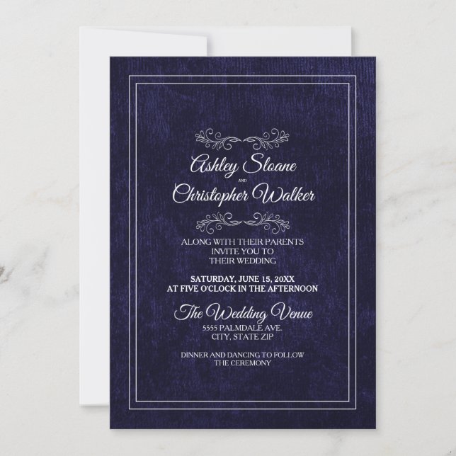 Elegant Navy Blue Velvet White Monogram Wedding Invitation (Front)