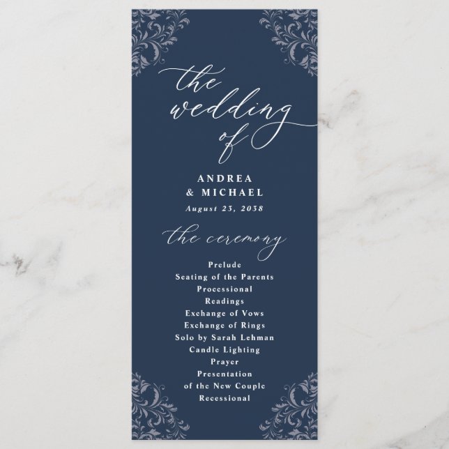 Elegant Navy Blue Vintage Classic Wedding Programs Programme (Front)