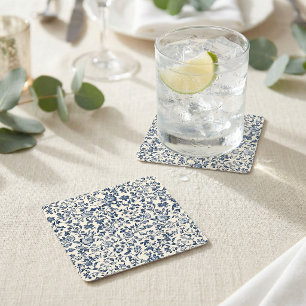 Elegant navy blue vintage floral wedding names square paper coaster