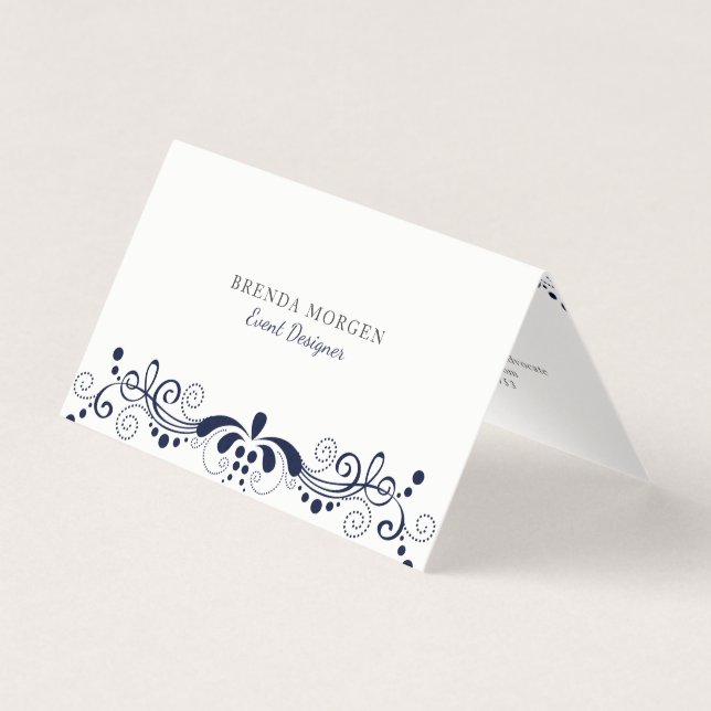 Elegant Navy-Blue Vintage Swirls Lace Business Card (Front)