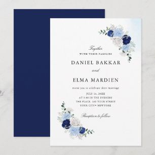 Elegant Navy Blue Watercolor Boho Floral Wedding Invitation
